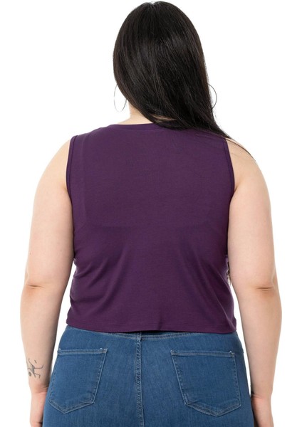 Büyük Beden Bisiklet Yaka Kolsuz Crop Viskon Mürdüm Body modelleri