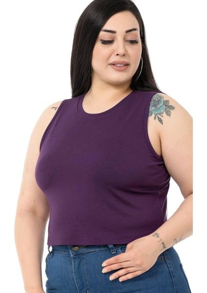 Büyük Beden Bisiklet Yaka Kolsuz Crop Viskon Mürdüm Body fırsatları