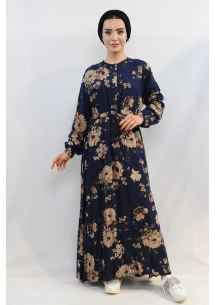 Gül Desenli Elbise MC4101 Lacivert