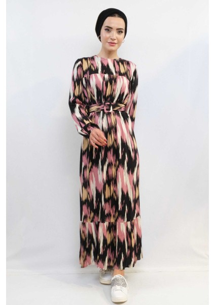 Karışık Desen Elbise Pudra