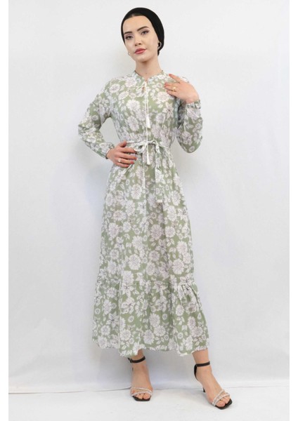 Çiçek Desenli Pileli Elbise Mint