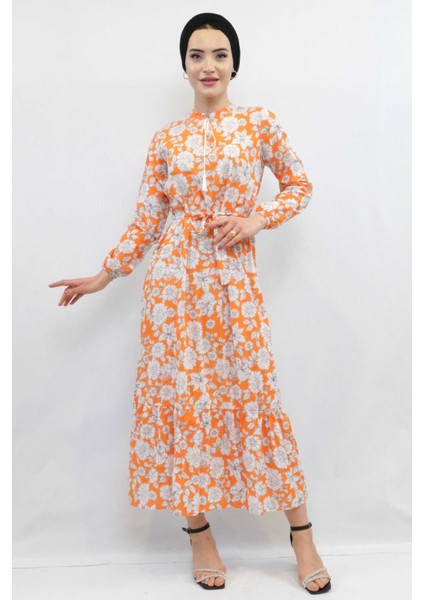 Çiçek Desenli Pileli Elbise Turuncu