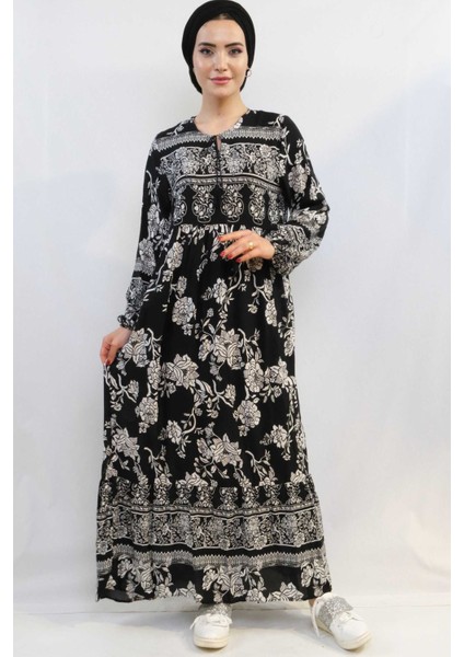 Vintage Desen Elbise Siyah
