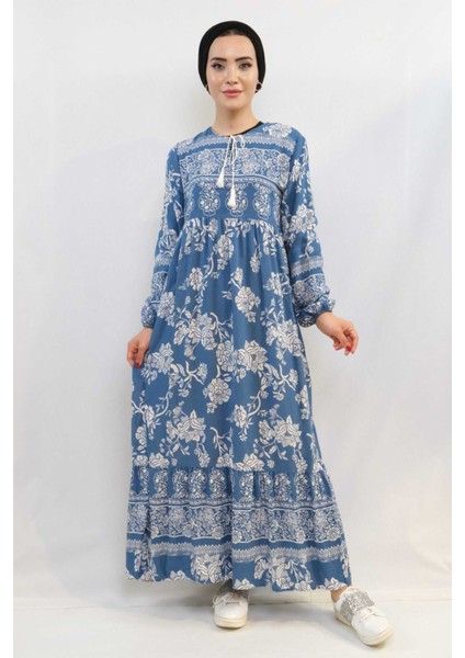 Vintage Desen Elbise Mavi