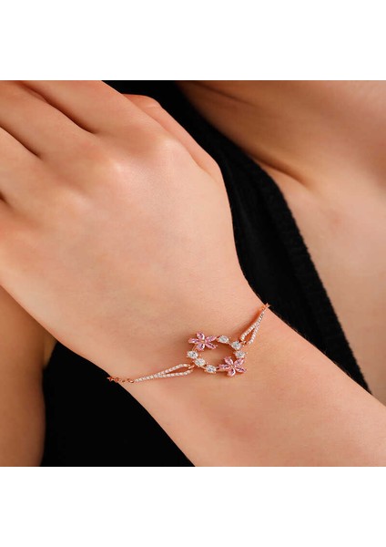 Gümüş Rose Pembe Çiçek Kadın Bileklik