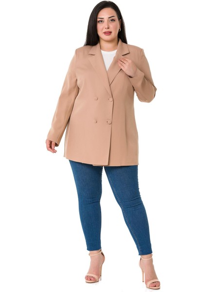 Büyük Beden Kaplama Düğmeli Kruvaze Vizon Astarsız Ceket