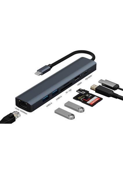 BYL-2303 7 In 1 Type-C To USB + Type-C + Ethernet + Kart Okuyucu + HDMI Dönüştürücü ALL-36260