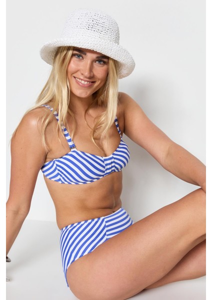 Yüksek Bel Straplez Bikini Takım 3225 Mavi/beyaz fiyatları