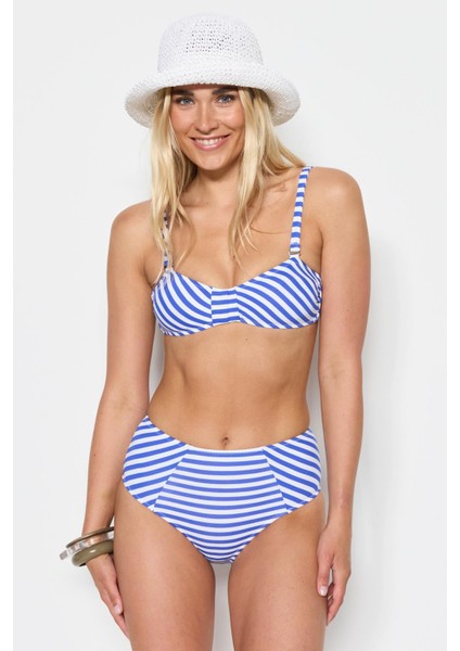 Yüksek Bel Straplez Bikini Takım 3225 Mavi/beyaz modelleri