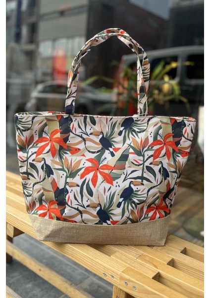 Dijital Baskılı Kadın Plaj Çantası Fermuarlı İç Cep ile 52x37x15 cm Y8670-26 K-03