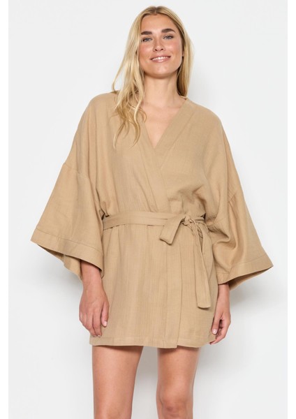 3 lü Organik Pamuk Müslin Kimono Şortlu Takım 9121 Bej