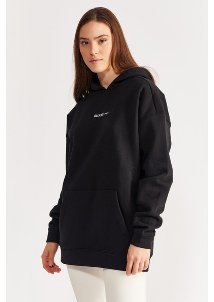 Arkası Baskılı Kapüşonlu Içi Polarlı Oversize Sweatshirt Siyah