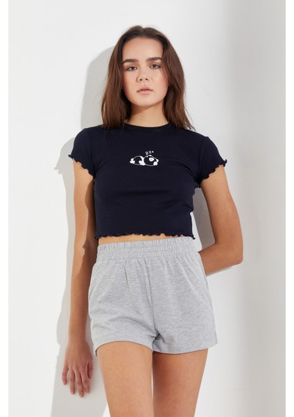 Panda Baskılı Crop T-Shirt Lacivert