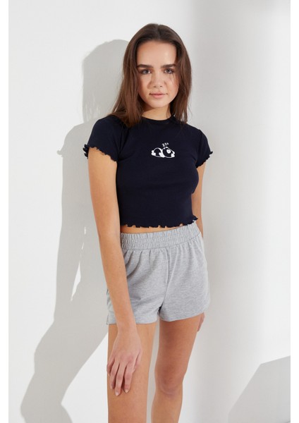 Panda Baskılı Crop T-Shirt Lacivert