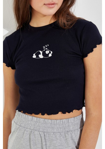 Panda Baskılı Crop T-Shirt Lacivert