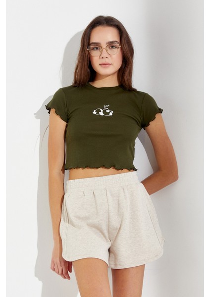 Panda Baskılı Crop T-Shirt Haki