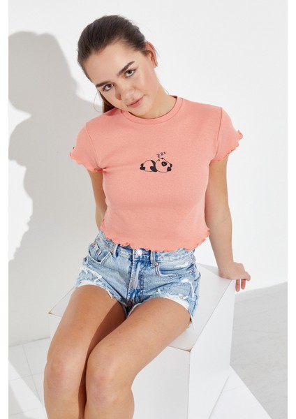 Panda Baskılı Crop T-Shirt Somon