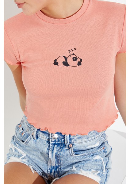 Panda Baskılı Crop T-Shirt Somon