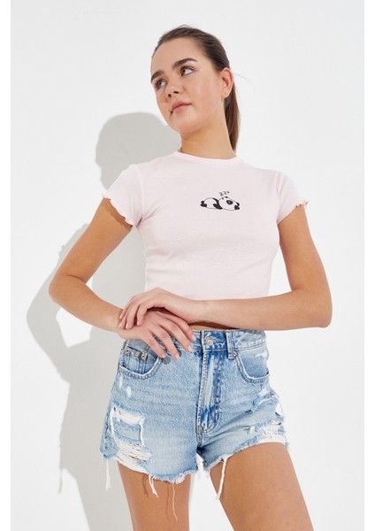 Panda Baskılı Crop T-Shirt Pembe