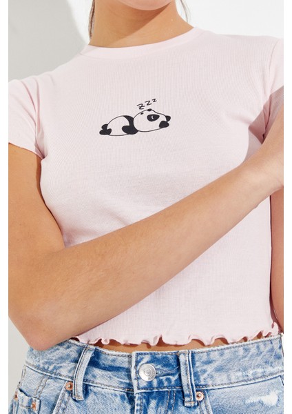 Panda Baskılı Crop T-Shirt Pembe