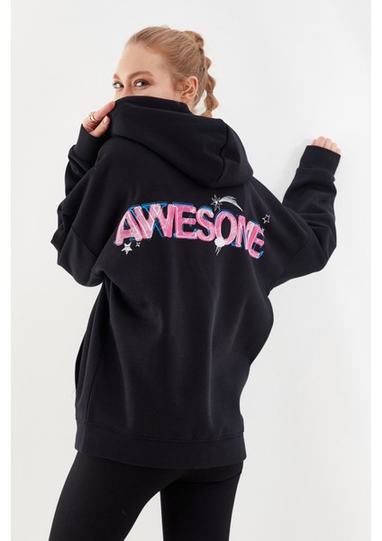 Awesome Baskılı Kapüşonlu Fermuarlı Sweatshirt Siyah