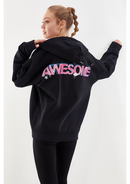 Awesome Baskılı Kapüşonlu Fermuarlı Sweatshirt Siyah