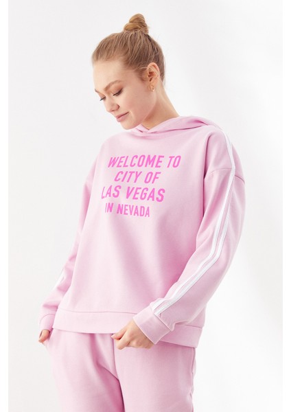 Las Vegas Baskılı Kapüşonlu Sweatshirt Pembe