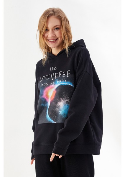 Galaxy Baskılı Içi Polarlı Kapüşonlu Sweatshirt Siyah