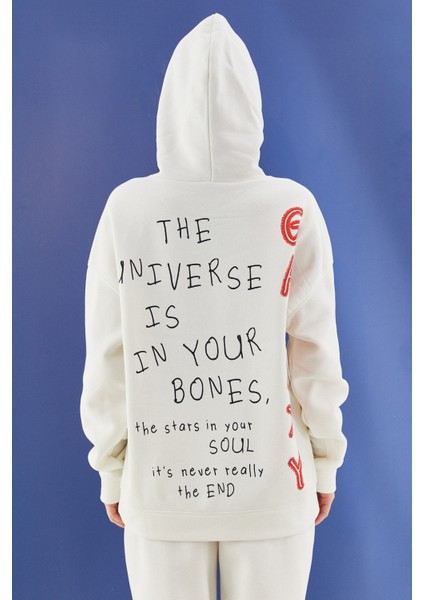 Galaxy Baskılı Içi Polarlı Kapüşonlu Sweatshirt Ekru