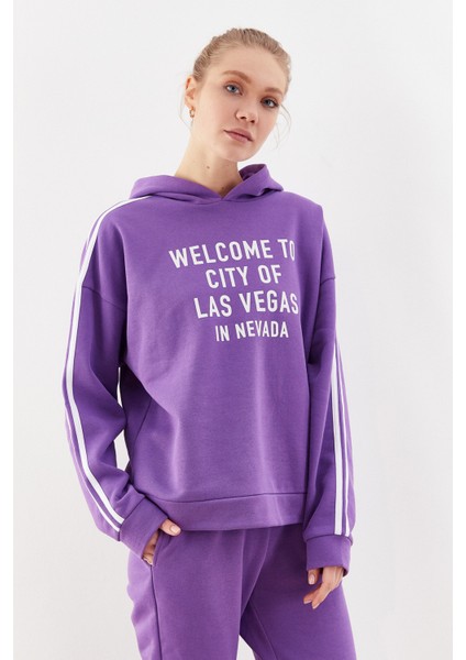 Las Vegas Baskılı Kapüşonlu Sweatshirt Mor