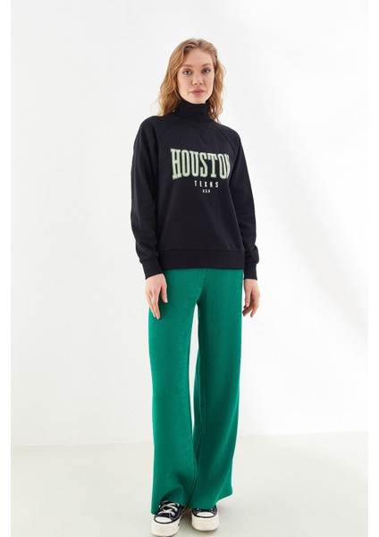 Houston Baskılı Yüksek Yaka Sweatshirt Siyah