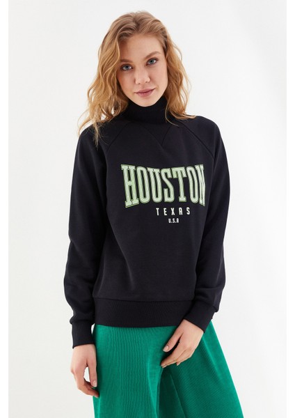 Houston Baskılı Yüksek Yaka Sweatshirt Siyah