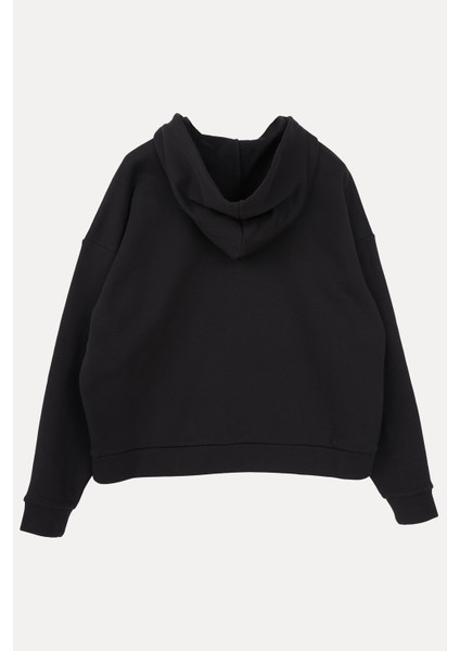 Ayıcık Baskılı Kapüşonlu Sweatshirt Siyah