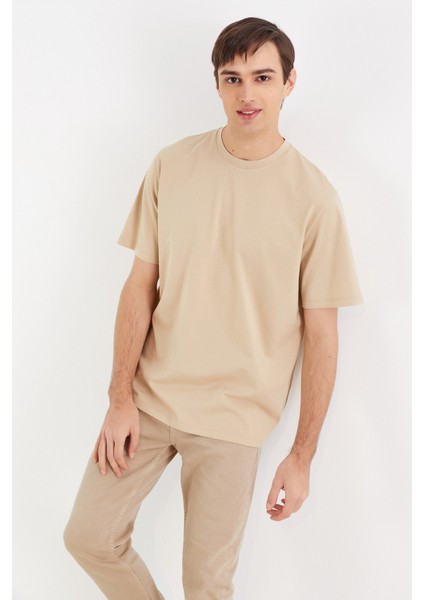 Oversize Basic Erkek T-Shirt Bej