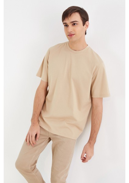 Oversize Basic Erkek T-Shirt Bej