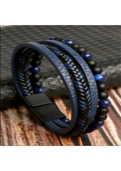 Erkek Bileklik - Erkek Deri Bileklik - Erkek Boncuk Bileklik - Deri ve Boncuk Kombin Bileklik