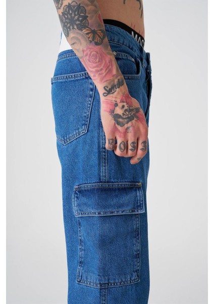 Kargo Cepli Baggy Fith Jeans Lacivert