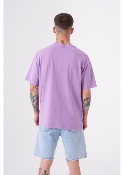 Unisex Relaxed Yıkamalı Basic T-Shirt Lila