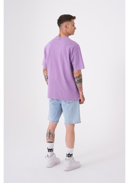 Unisex Relaxed Yıkamalı Basic T-Shirt Lila