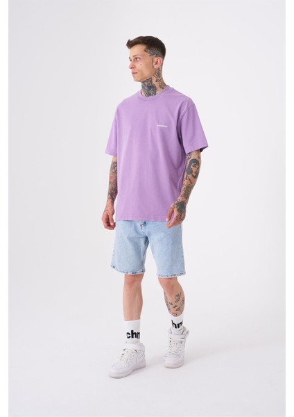 Unisex Relaxed Yıkamalı Basic T-Shirt Lila
