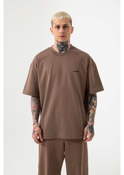 Oversize Basic Pamuklu T-Shirt Kahve