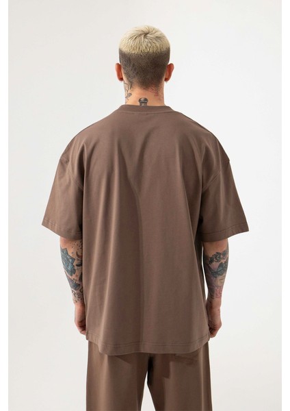 Oversize Basic Pamuklu T-Shirt Kahve