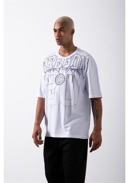 Oversize Oregon 20 Baskılı Pamuklu T-Shirt Beyaz