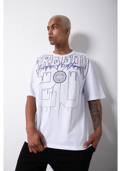 Oversize Oregon 20 Baskılı Pamuklu T-Shirt Beyaz