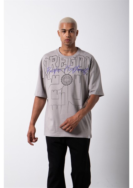 Oversize Oregon 20 Baskılı Pamuklu T-Shirt Ice Gri