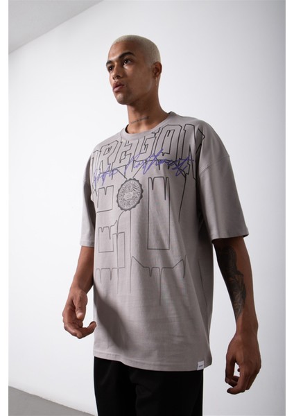 Oversize Oregon 20 Baskılı Pamuklu T-Shirt Ice Gri