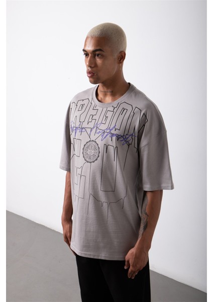 Oversize Oregon 20 Baskılı Pamuklu T-Shirt Ice Gri