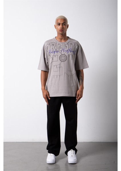 Oversize Oregon 20 Baskılı Pamuklu T-Shirt Ice Gri