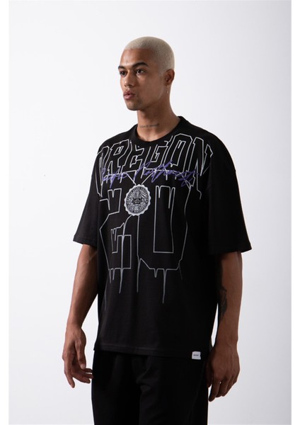 Oversize Oregon 20 Baskılı Pamuklu T-Shirt Siyah