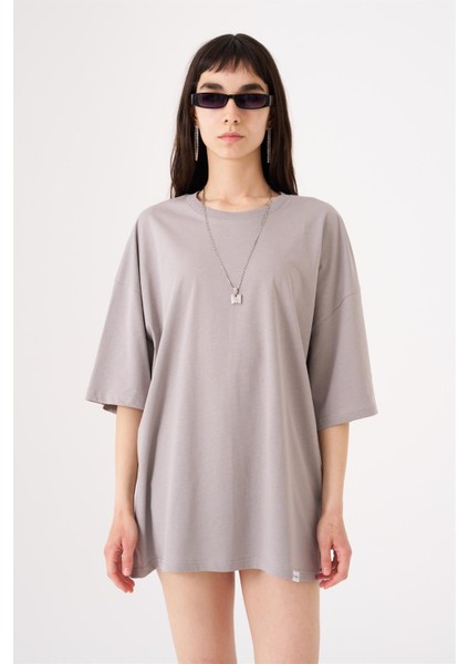Kadın Basic Oversize Pamuklu Süprem T-Shirt Gri